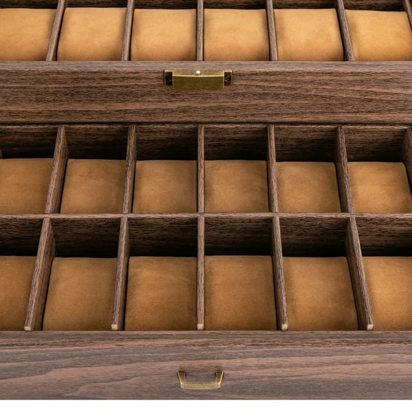 Urkasse - Opbevaringsboks - 24 Rum - 2 Niveauer - PU-Læder - Glaslåg - Bløde puder - 34×21×15 cm - Brun