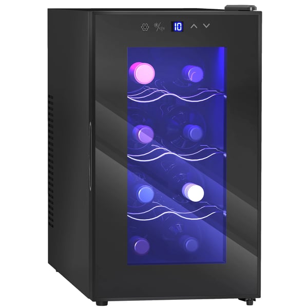 Vinkylare - 8 flaskor - Dubbel termoelektrisk kylning - 8–18 °C - Glasdörr med UV‑skydd - LED‑display & ljus - EU‑kontakt - Svart