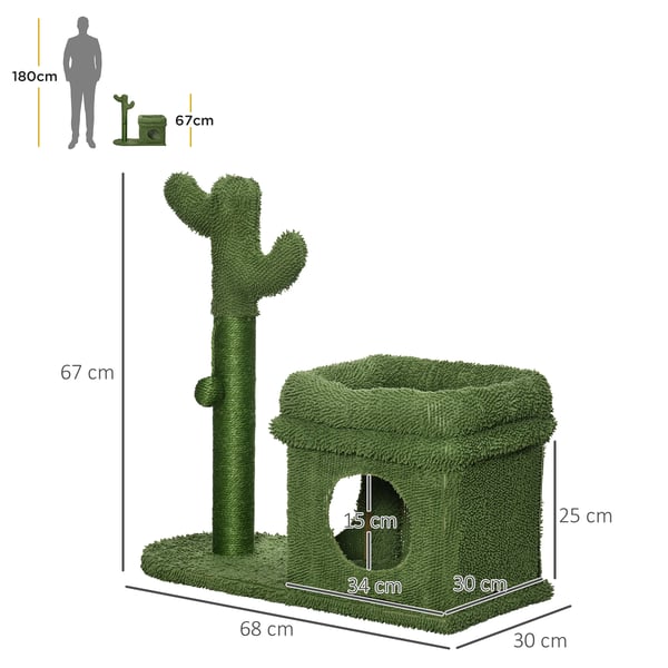 Klösträd för katt - Katträd - Kaktusdesign - Grottbädd - Sisalstolpe - Hängande boll - 68×30×67 cm - Grön