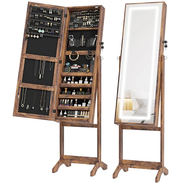 Smyckesskåp med helfigursspegel - Fristående - LED - Justerbar lutning i 3 lägen - Lås med 2 nycklar - Storlek 46x36,5x151,5 cm - Chokladbrun