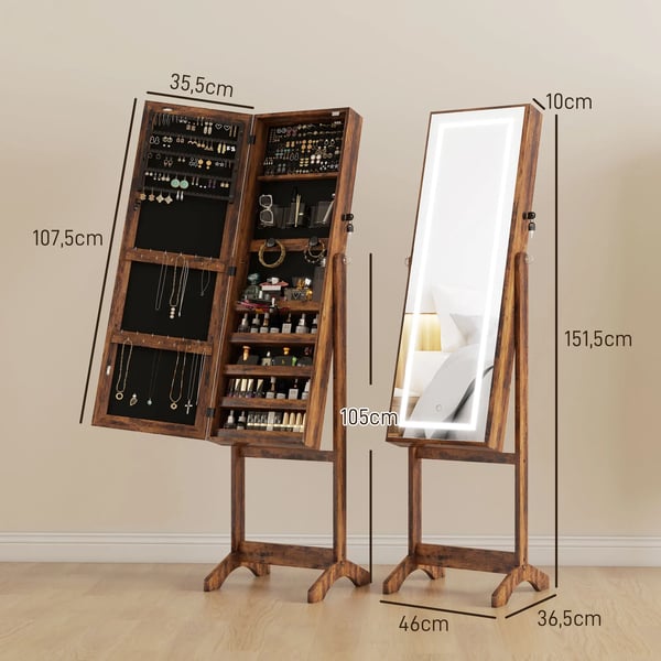 Smyckesskåp med helfigursspegel - Fristående - LED - Justerbar lutning i 3 lägen - Lås med 2 nycklar - Storlek 46x36,5x151,5 cm - Chokladbrun
