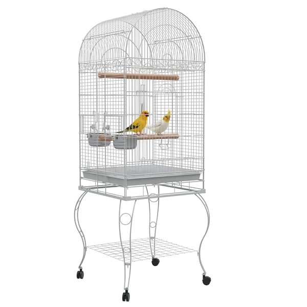 Fågelbur - För Utomhusbruk - Med Hjul - Uttagbar Bottenbricka - 2 Skålar - Sittpinne - 51×51×153 cm - Vit