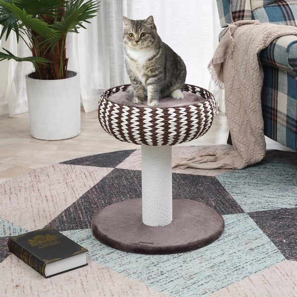 Kattklösträd - 4 Nivåer - 50×50×52 cm - Klösstolpar med pappersrep - Mysig säng med plyschkudde - Spånskiva - Kaffebrun