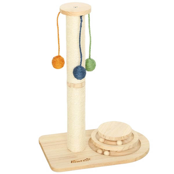 Klösträd för katter - Klöspelare - 4 Nivåer - 3 Hängbollar - Bollbana - Furu & Sisal - 40×26×56,5 cm - Naturträ