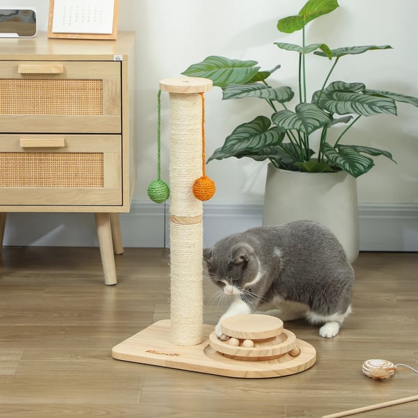Klösträd för katter - Klöspelare - 4 Nivåer - 3 Hängbollar - Bollbana - Furu & Sisal - 40×26×56,5 cm - Naturträ