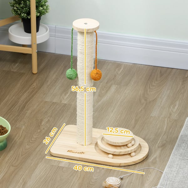Klösträd för katter - Klöspelare - 4 Nivåer - 3 Hängbollar - Bollbana - Furu & Sisal - 40×26×56,5 cm - Naturträ