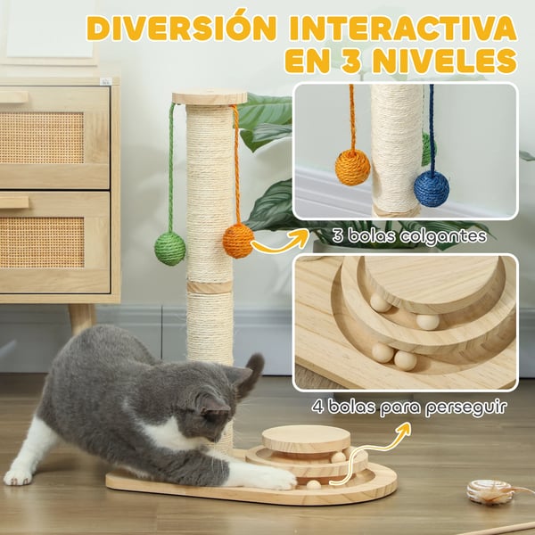Klösträd för katter - Klöspelare - 4 Nivåer - 3 Hängbollar - Bollbana - Furu & Sisal - 40×26×56,5 cm - Naturträ