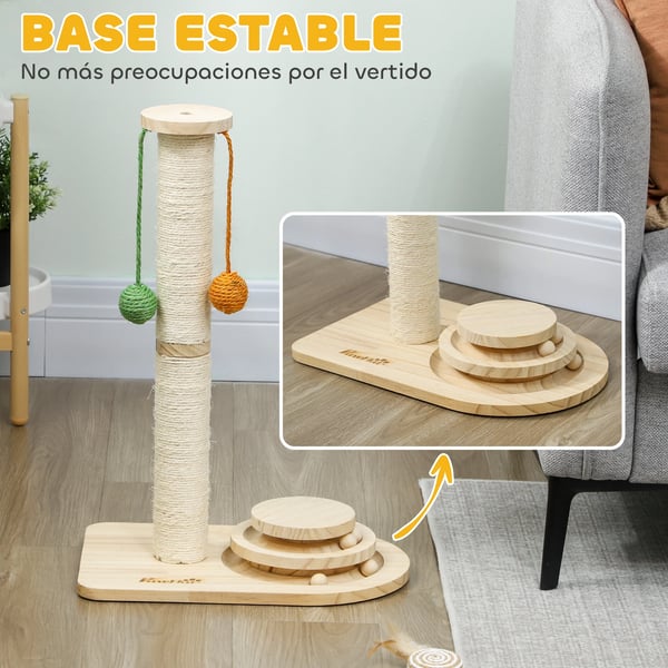 Klösträd för katter - Klöspelare - 4 Nivåer - 3 Hängbollar - Bollbana - Furu & Sisal - 40×26×56,5 cm - Naturträ