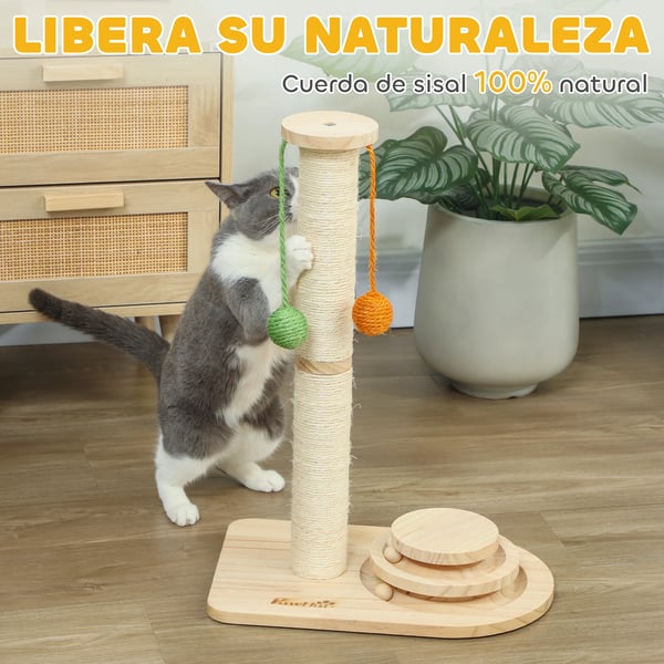 Klösträd för katter - Klöspelare - 4 Nivåer - 3 Hängbollar - Bollbana - Furu & Sisal - 40×26×56,5 cm - Naturträ