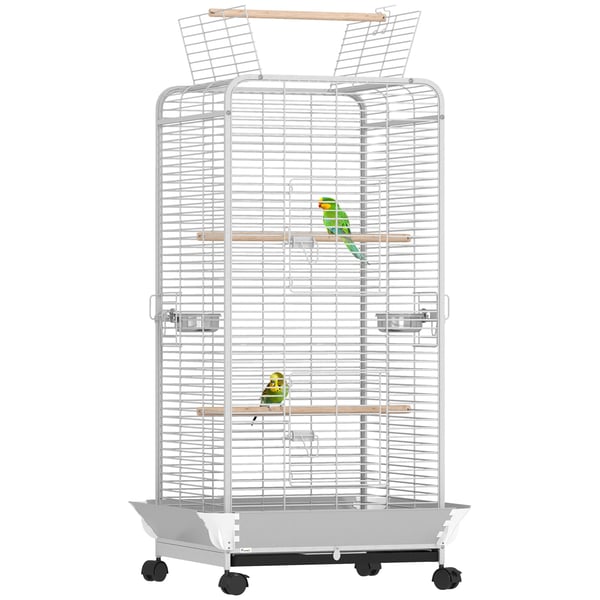 Papegojbur - Fågelbur - Med Hjul - Stål - Sittpinnar & Matkoppar - Utdragbar Bricka - 79×73×146 cm - För Nymfkakaduor & Undulater - Ljusgrå