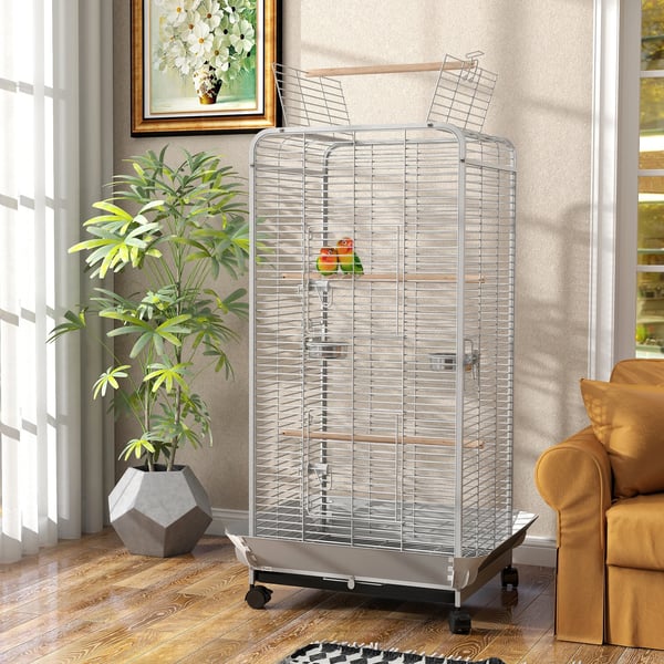 Papegojbur - Fågelbur - Med Hjul - Stål - Sittpinnar & Matkoppar - Utdragbar Bricka - 79×73×146 cm - För Nymfkakaduor & Undulater - Ljusgrå