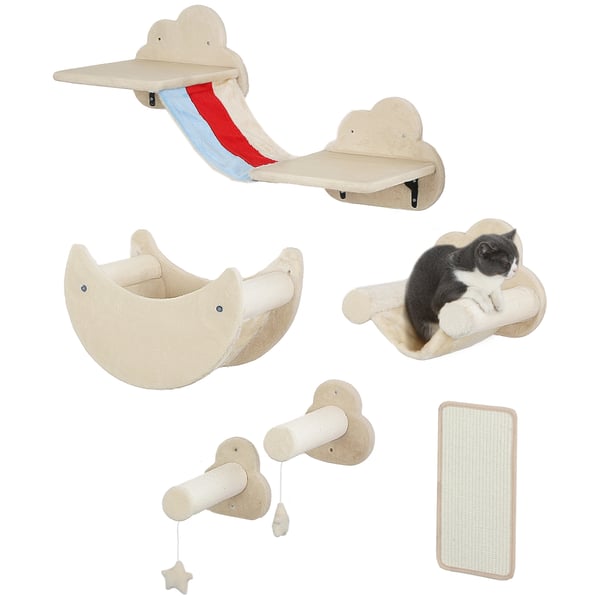 Väggmonterat katträd - 6-delars set - 4 nivåer - Hängmatta, plattformar, klösbräda, trappa - Spånskiva & plysch - 105×34×28 cm - Beige