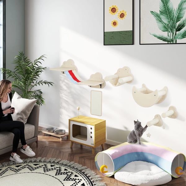 Väggmonterat katträd - 6-delars set - 4 nivåer - Hängmatta, plattformar, klösbräda, trappa - Spånskiva & plysch - 105×34×28 cm - Beige