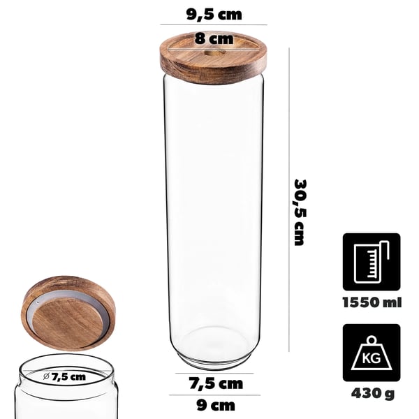 Glaskrukke - Spaghettikrukke/pastabeholder - 1550 ml - Med låg - Køkkenopbevaring