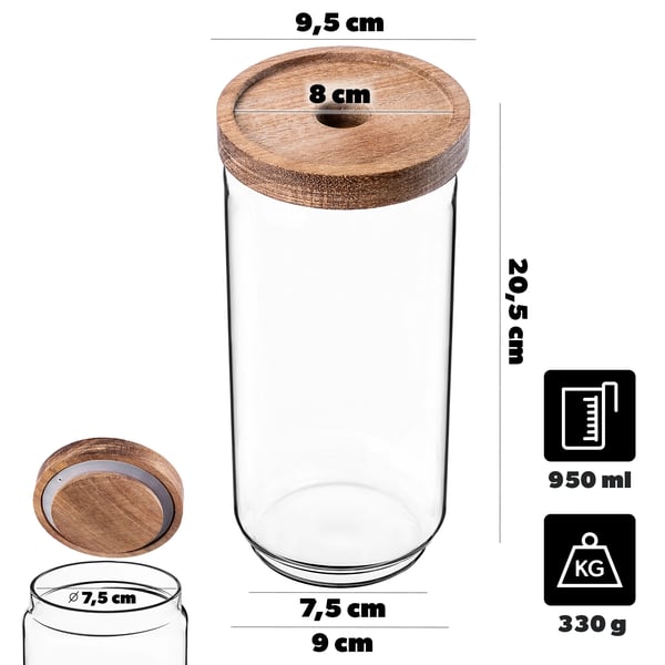 Glas opbevaringskrukke - Madbeholder - Med låg - 950 ml - Til krydderier og nudler