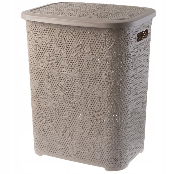 Vasketøjskurv - Plastkurv med låg - Kapacitet 55 L - Materiale PP (Polypropylen) - Fritstående - Beige