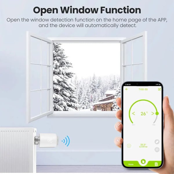 Smart radiatortermostat - Termostatventil - Bluetooth-forbindelse - App- og stemmestyring - Tidsplaner - Åbent vindue-detektering - AC-strøm