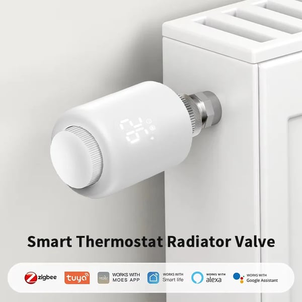 Smart radiatortermostat - Termostatventil - Bluetooth-forbindelse - App- og stemmestyring - Tidsplaner - Åbent vindue-detektering - AC-strøm