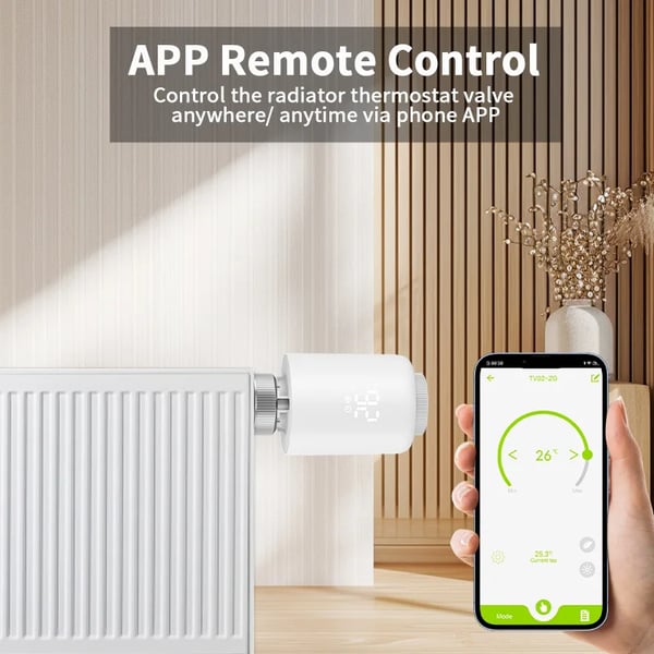 Smart radiatortermostat - Termostatventil - Bluetooth-forbindelse - App- og stemmestyring - Tidsplaner - Åbent vindue-detektering - AC-strøm