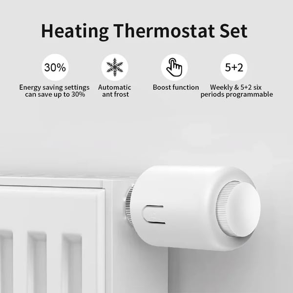 Smart radiatortermostat - Termostatventil - Bluetooth-forbindelse - App- og stemmestyring - Tidsplaner - Åbent vindue-detektering - AC-strøm