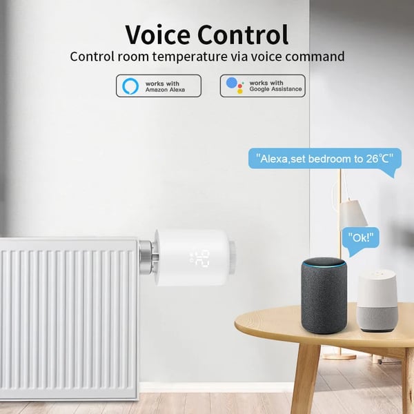 Smart radiatortermostat - Termostatventil - Bluetooth-forbindelse - App- og stemmestyring - Tidsplaner - Åbent vindue-detektering - AC-strøm