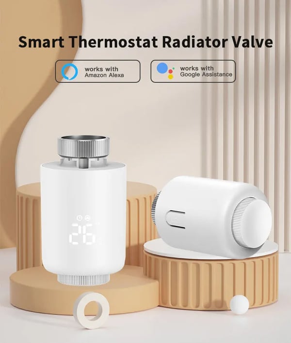 Smart radiatortermostat - Termostatventil - Bluetooth-forbindelse - App- og stemmestyring - Tidsplaner - Åbent vindue-detektering - AC-strøm
