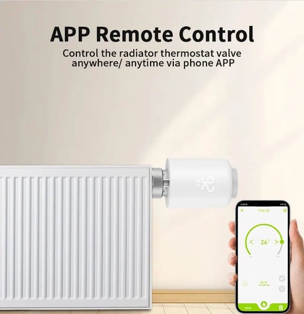Smart radiatortermostat - Termostatventil - Bluetooth-forbindelse - App- og stemmestyring - Tidsplaner - Åbent vindue-detektering - AC-strøm