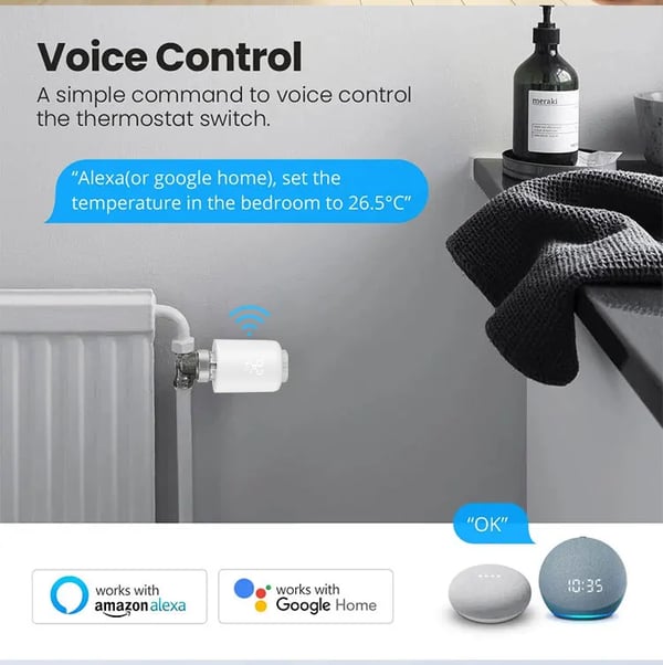 Smart radiatortermostat - Termostatventil - Bluetooth-forbindelse - App- og stemmestyring - Tidsplaner - Åbent vindue-detektering - AC-strøm