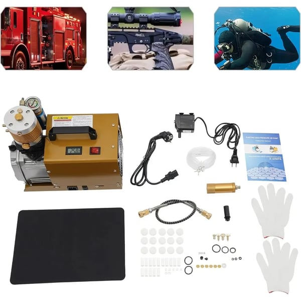 PCP elektrisk kompressor - Boosterpumpe - 300 bar - 220V EU-stik - 0–6,8 L - Til paintball/dykflasker - Gul