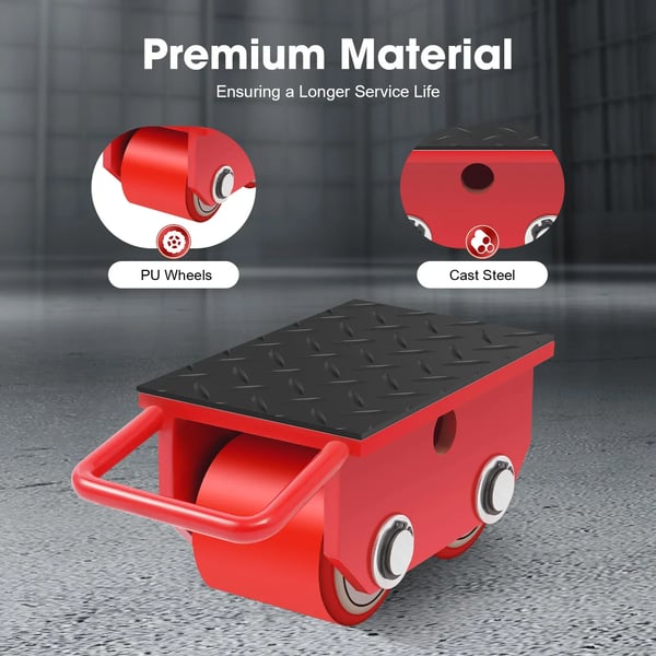 Transportroller/Møbelrulle - 2-hjulet model - 2,5 t (2500 kg) bæreevne - Støbt stål - Skridsikre PU-hjul - 18×10×11 cm - Rød