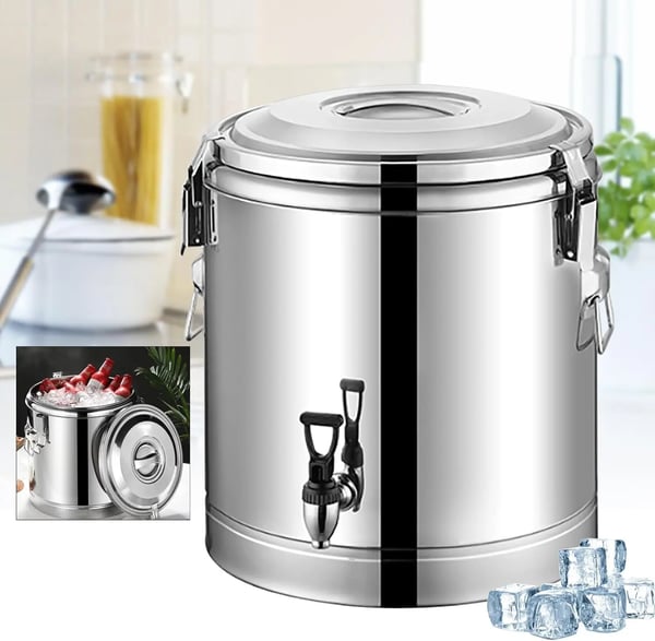 Rustfri termobeholder - 40 l isoleret beholder med taphane - Varmebestandigt låg - Til suppe, vand, te - Transport/Servering - Sølv