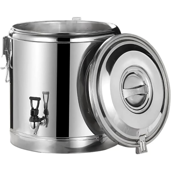 Rustfri termobeholder - 40 l isoleret beholder med taphane - Varmebestandigt låg - Til suppe, vand, te - Transport/Servering - Sølv
