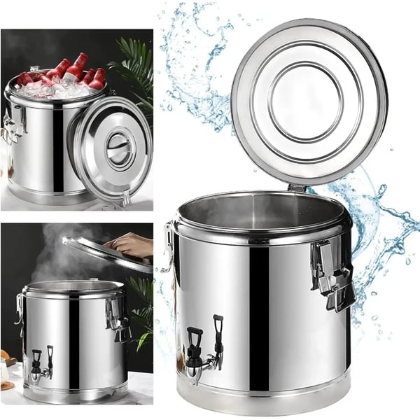 Rustfri termobeholder - 40 l isoleret beholder med taphane - Varmebestandigt låg - Til suppe, vand, te - Transport/Servering - Sølv