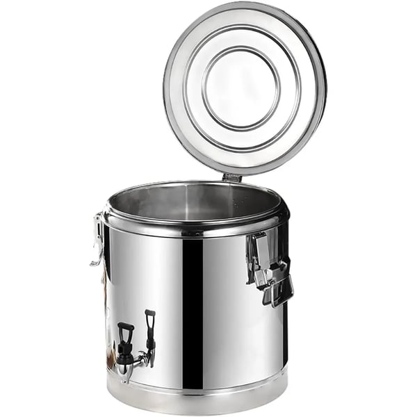 Rustfri termobeholder - 40 l isoleret beholder med taphane - Varmebestandigt låg - Til suppe, vand, te - Transport/Servering - Sølv