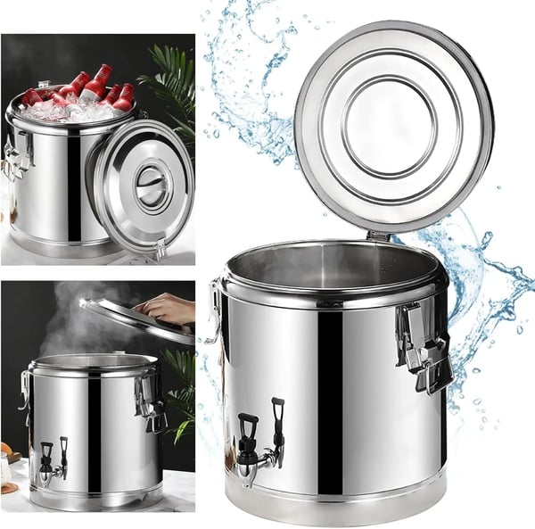 Rustfri termobeholder - 40 l isoleret beholder med taphane - Varmebestandigt låg - Til suppe, vand, te - Transport/Servering - Sølv