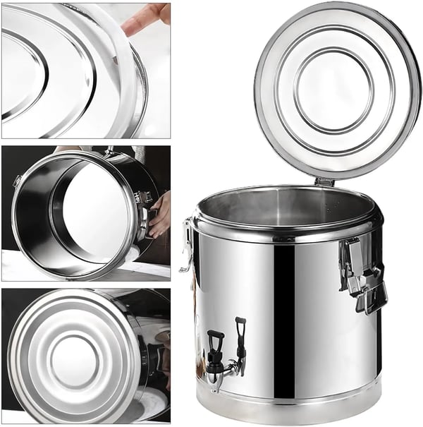 Rustfri termobeholder - 40 l isoleret beholder med taphane - Varmebestandigt låg - Til suppe, vand, te - Transport/Servering - Sølv