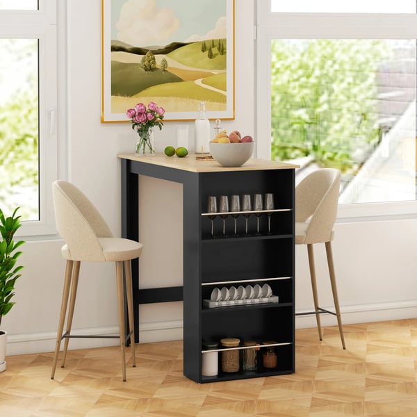 Barbord - Köksbord - Tre sidohyllor - Modern design - För matsal & vardagsrum - Mått 112×57×106 cm - Svart