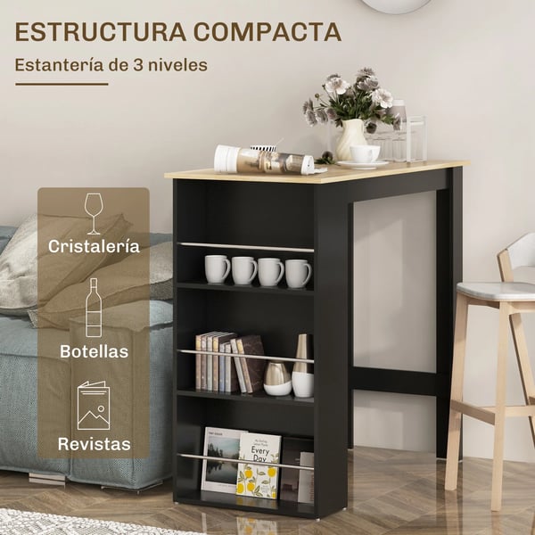 Barbord - Köksbord - Tre sidohyllor - Modern design - För matsal & vardagsrum - Mått 112×57×106 cm - Svart