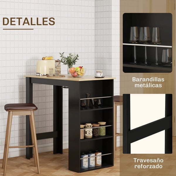 Barbord - Köksbord - Tre sidohyllor - Modern design - För matsal & vardagsrum - Mått 112×57×106 cm - Svart