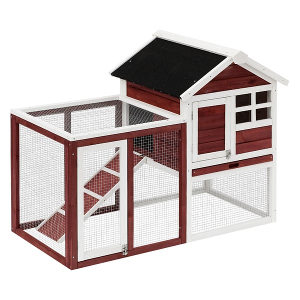 Kaninbur - Utomhusbur - Med utehage och ramp - Granträ och metall - Mått 122 x 62,6 x 92 cm - Röd