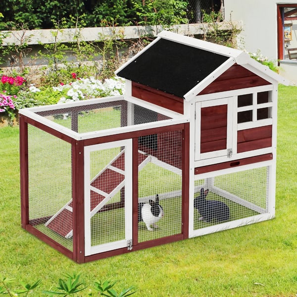 Kaninbur - Utomhusbur - Med utehage och ramp - Granträ och metall - Mått 122 x 62,6 x 92 cm - Röd