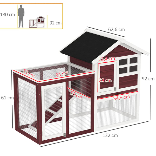 Kaninbur - Utomhusbur - Med utehage och ramp - Granträ och metall - Mått 122 x 62,6 x 92 cm - Röd