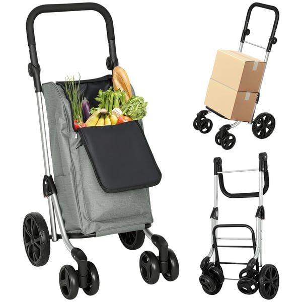 Inköpsvagn - Hopfällbar 3-i-1 vagn - 46 l kapacitet - 6 hjul - Isolerad kylväska - Justerbart handtag - 44×58×100 cm - Grå