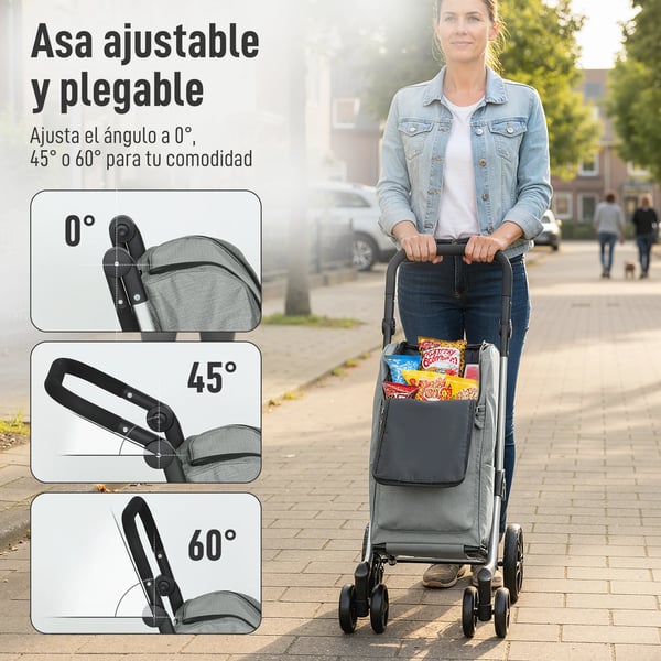 Inköpsvagn - Hopfällbar 3-i-1 vagn - 46 l kapacitet - 6 hjul - Isolerad kylväska - Justerbart handtag - 44×58×100 cm - Grå