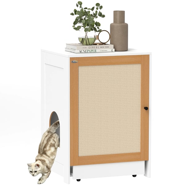 Kattlådemöbel - Kattlådeskåp - Uttagbar bricka - Fack - Klösmatta - 57 x 50 x 80,5 cm - Vit och ek