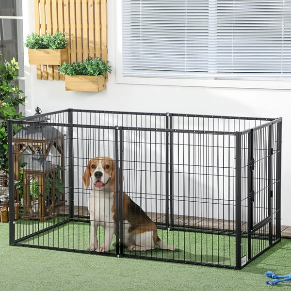 Hundhage - Hundstaket - 6 Paneler - Justerbar - Stålram - 150 x 79 x 81 cm - Svart