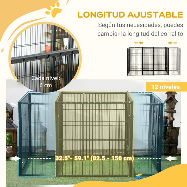 Hundhage - Hundstaket - 6 Paneler - Justerbar - Stålram - 150 x 79 x 81 cm - Svart