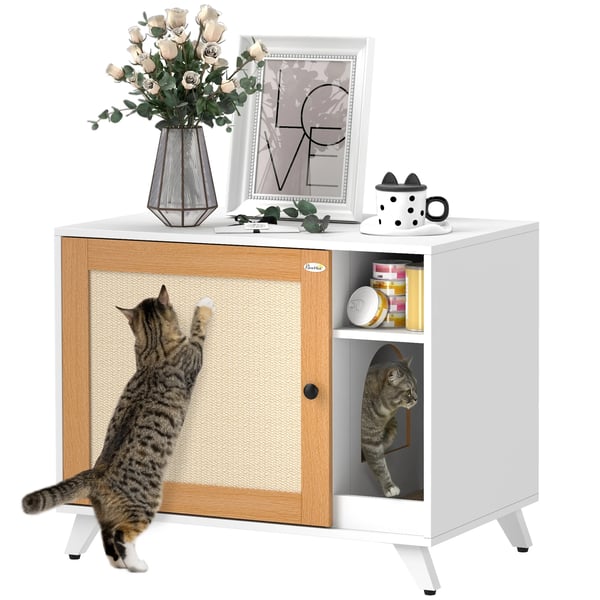 Kattlådeskåp - Sidobord med hylla - Dörr med sisal - Anti-spårningsmatta - Dold design - 77×50×63 cm - Vit och ek