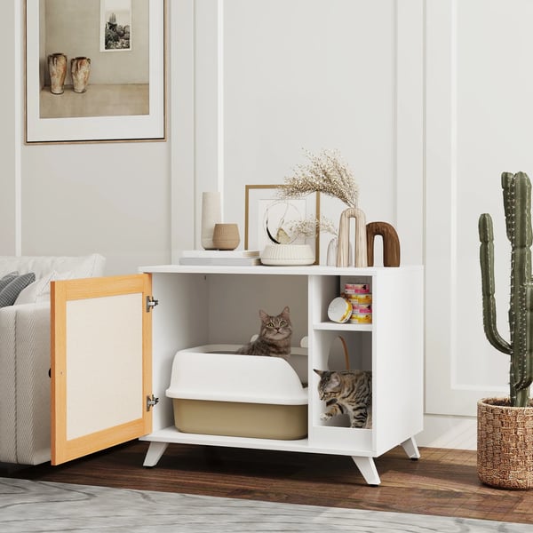 Kattlådeskåp - Sidobord med hylla - Dörr med sisal - Anti-spårningsmatta - Dold design - 77×50×63 cm - Vit och ek