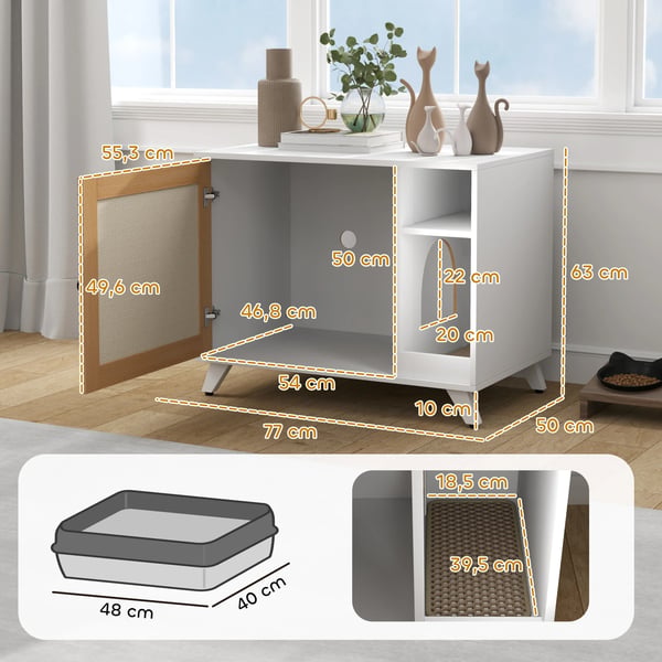 Kattlådeskåp - Sidobord med hylla - Dörr med sisal - Anti-spårningsmatta - Dold design - 77×50×63 cm - Vit och ek